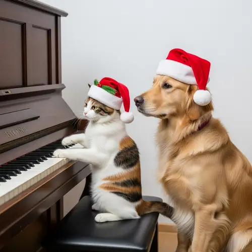 Festive Cat and Dog Playing Piano | Christmas Hats | Heartwarming Scene