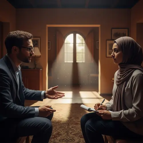 Psychologist Supporting Female Journalist in Dimly Lit Room