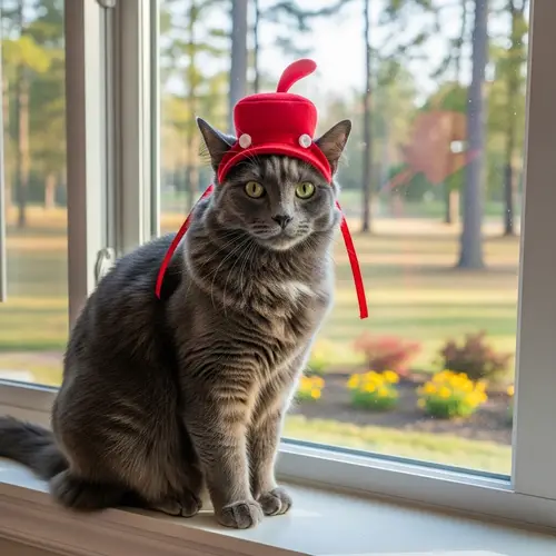 Charming Cat in a Red Cap on a Sunny Window Ledge