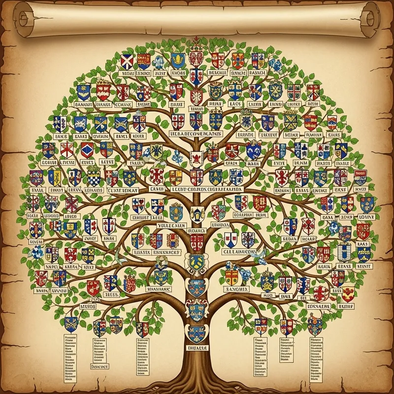 Detailed Genealogical Tree: Richly Ornamented Symbolic Connections