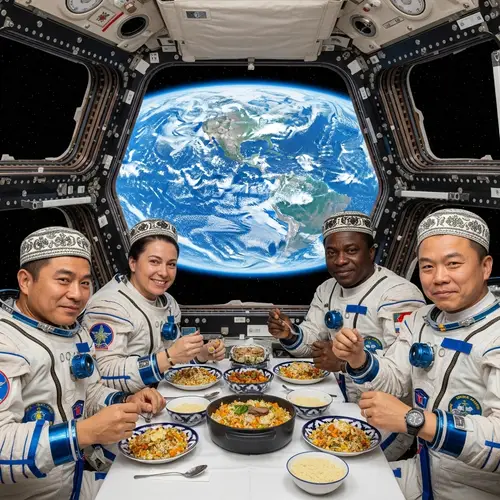 Astronauts Enjoying Traditional Uzbek Plov on International Space Station