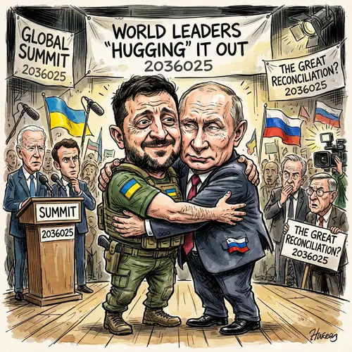 Zelensky and Putin Caricature Hugging Each Other