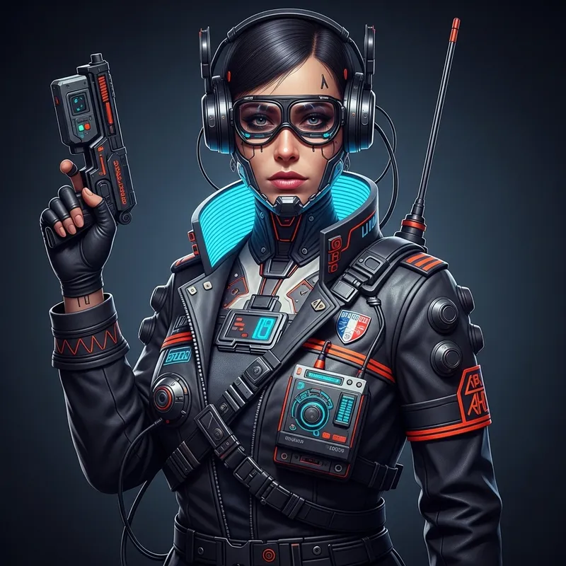 French Cyberpunk Woman in Futuristic Uniform with Neon Accents