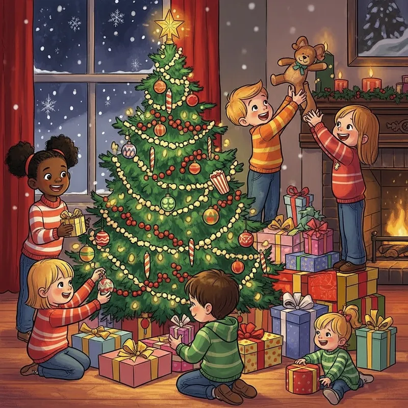 Kids Playing Around Holy Christmas Tree - Joyful Illustration Kids Playing Around Holy Christmas Tree - Joyful Illustration