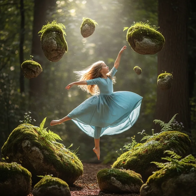 Blonde Girl Dancing in the Air Among Floating Stones