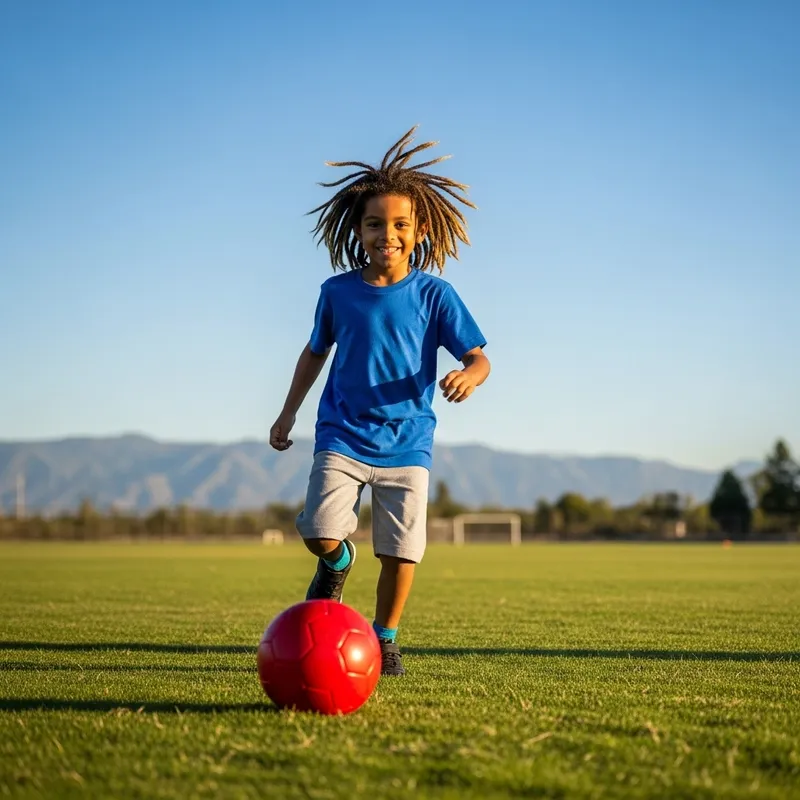 Energetic South Asian Boy with Dreadlocks Playing Soccer Outdoors