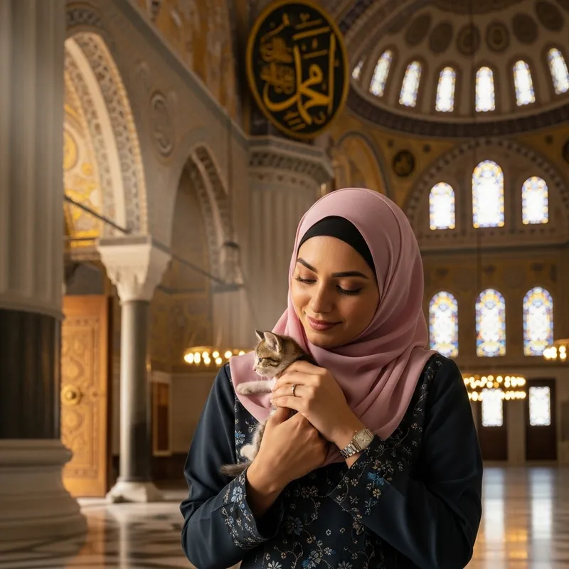 Middle-Eastern Woman in Traditional Mosque with Kitten