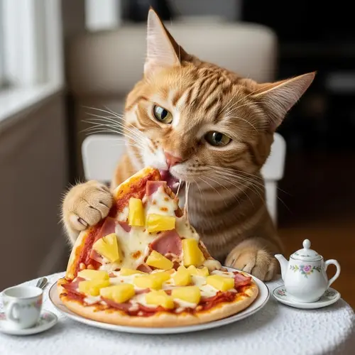 Cat Eating Pizza with Pineapples