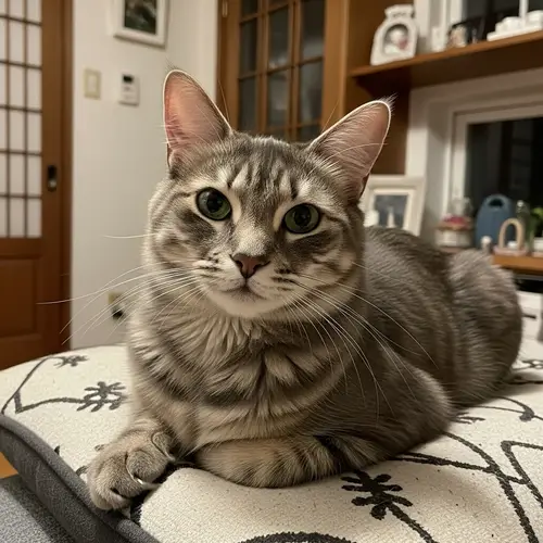 Silky Grey Cat Resting on Plush Cushion