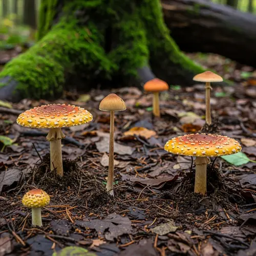 Diverse Mushroom Species in Lush Forest Setting