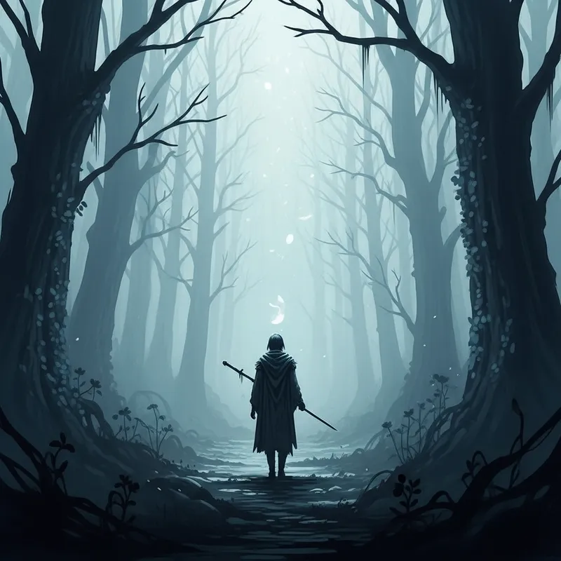 Mysterious Figure in Foggy Ethereal Forest - Watercolor & Digital Art