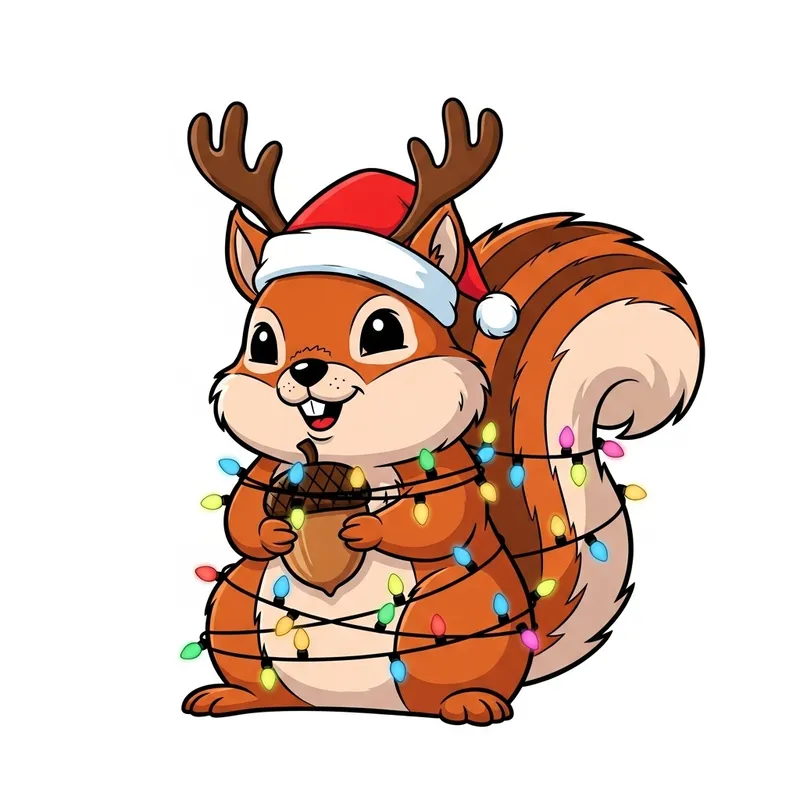 Festive Cartoon Squirrel with Santa Hat and Reindeer Antlers