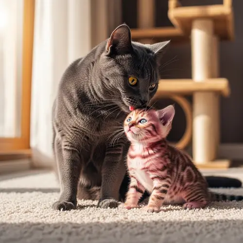 British Cat and Pink Tiger Kitten: Heartwarming Scene