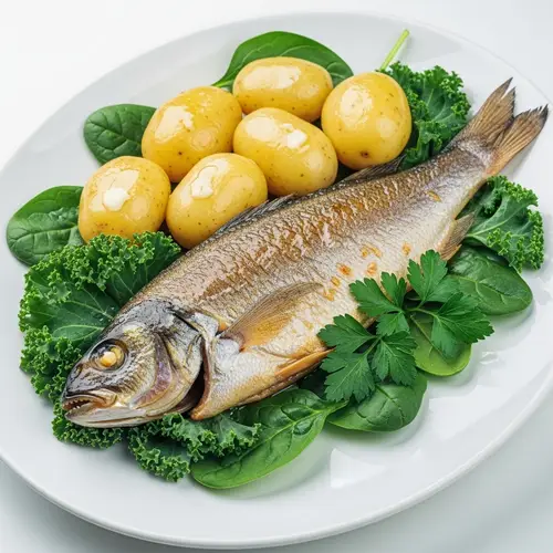 Golden Brown Sterlet Fish on Ceramic Plate | Vintage Culinary Illustration Style