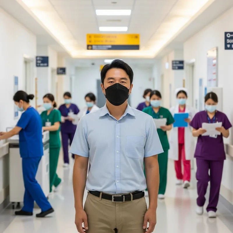 Asian Man in Mask in Hospital Hallway Asian Man in Mask in Hospital Hallway