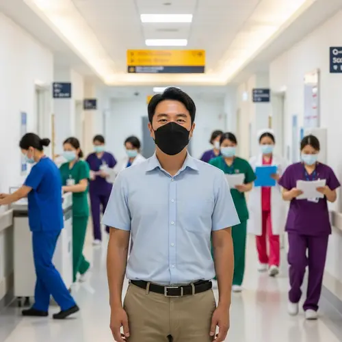 Asian Man in Mask in Hospital Hallway