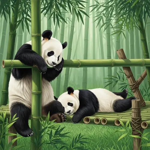 Napping Lazy Pandas in Green Bamboo Forest - Peaceful Illustration