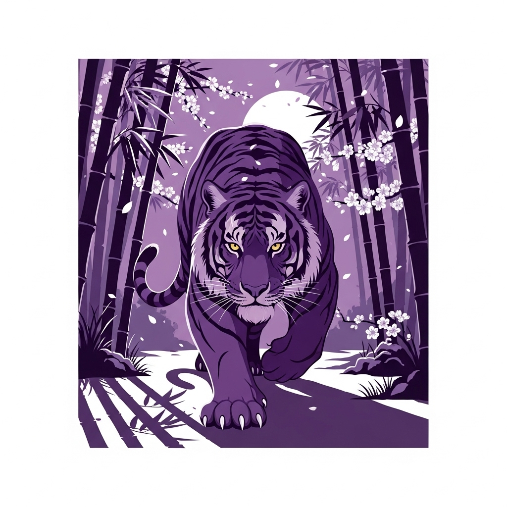 Murasaki no Tora: Majestic Purple Tiger in Bamboo Forest | AI Art