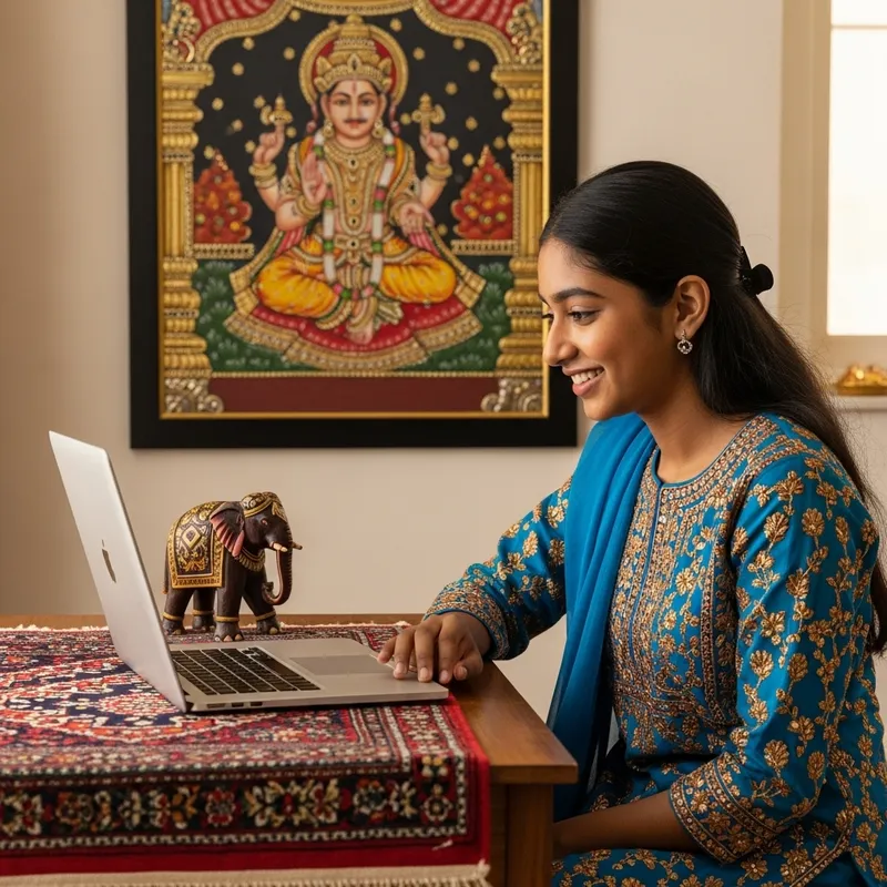 Young Indian Girl Smiling on Omegle in Traditional Attire