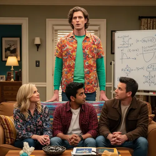 Intellectual Man in Colorful Outfit with Diverse Friends - Sitcom Setting