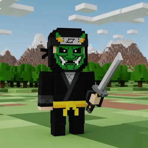 Pixelated Ninja with Green Demon Mask and Katana