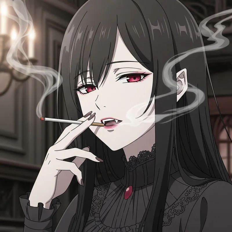 Pretty & Cute Vampire Anime Girl Smoking - Enigmatic Charm
