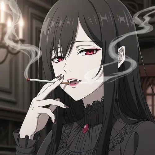 Pretty and Cute Vampire Anime Girl Smoking - Enigmatic Charm
