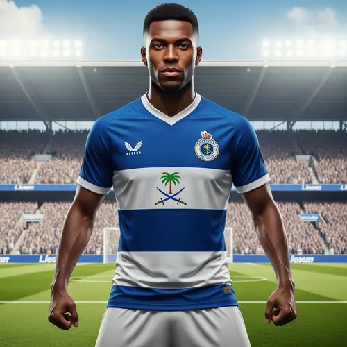 Powerful Athletic Man Representing Fictional Football Club in Royal Navy Blue and White Jersey