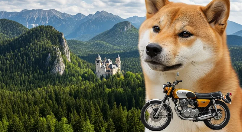 Beautiful Shiba Inu with Honda Motorcycle near Slovak Castle