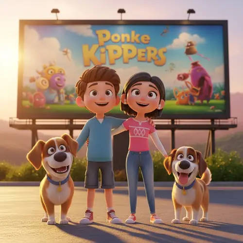 Boy and Girlfriend with Two Dogs in Pixar-Style Billboard