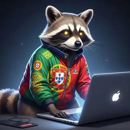 Curious Raccoon on Laptop with Portuguese Flag Jacket - Digital Art