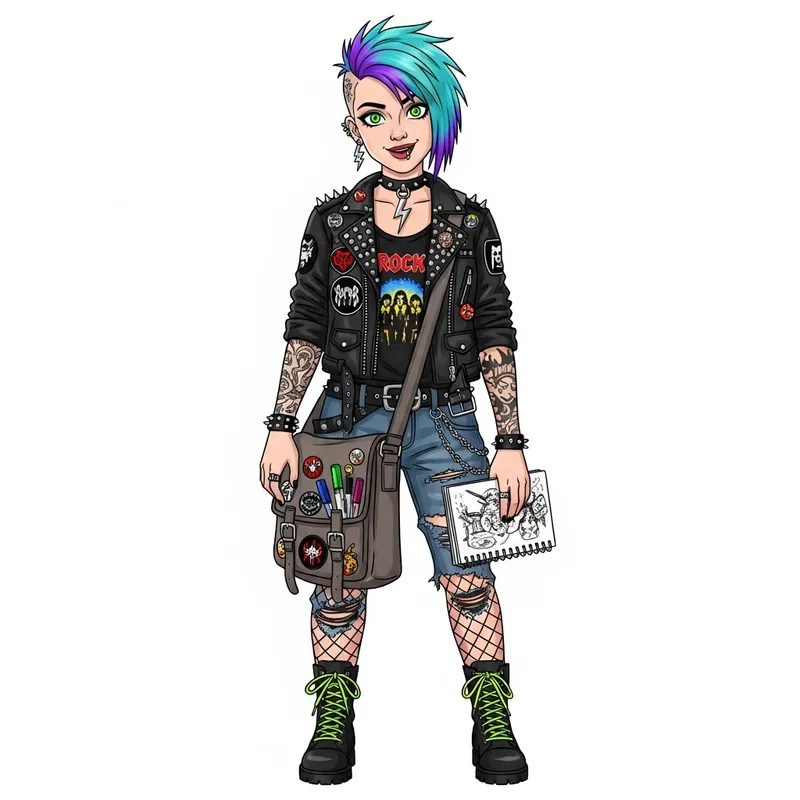 Edgy Rebellious Woman with Cyan Hair in Punk-Rock Style