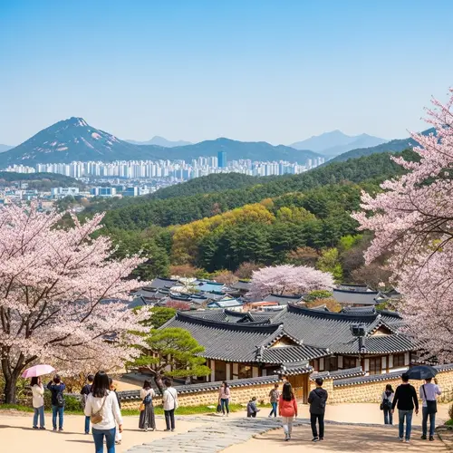 South Korea Landscape: Cityscape, Hanok Houses & Cherry Blossoms