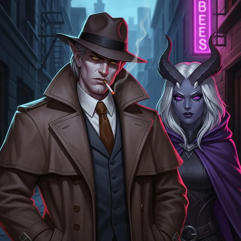Tiefling Half-Elf Noir Detective Girl | Mystery Scene Tiefling Half-Elf Noir Detective Girl | Mystery Scene