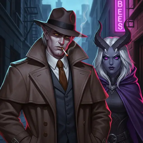 Noir Style Half-Elf Detective & Tiefling Girl | Mystery Scene