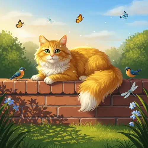 Sunny Garden Scene: Yellow Cat with Green Eyes on Brick Wall