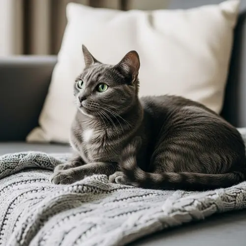 Adorable Domestic Short-Haired Cat on Cozy Couch