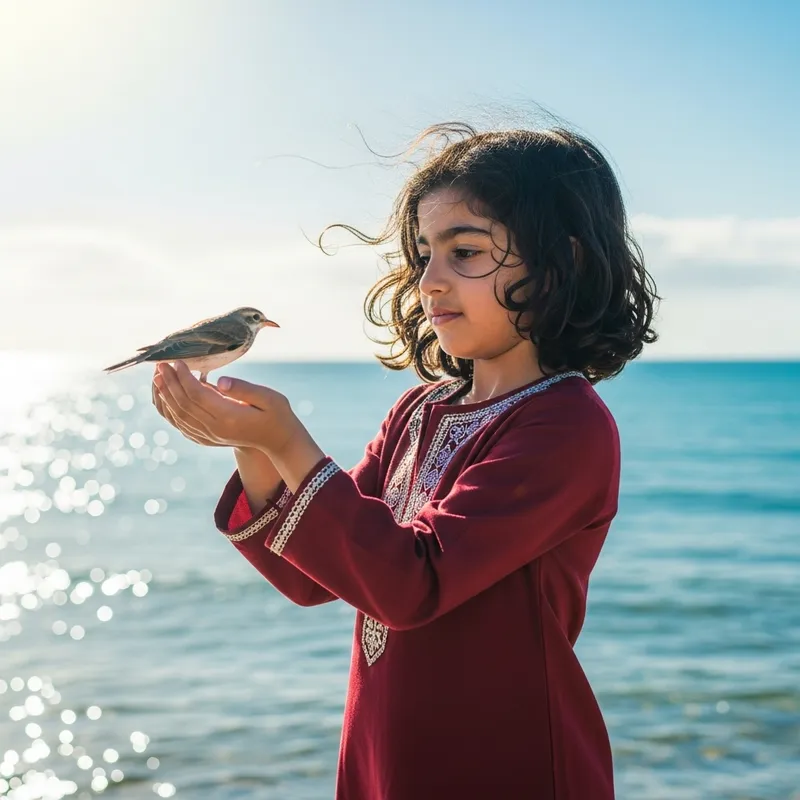 Young Girl Holding Bird by the Sea