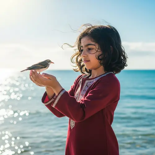 Tranquil Scene: Young Middle-Eastern Girl Releasing Bird by Azure Ocean