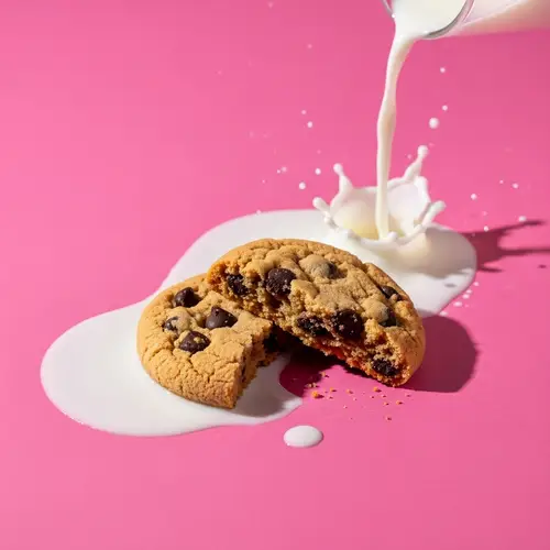 Delicious Cookie with Spilled Milk on Pink Background