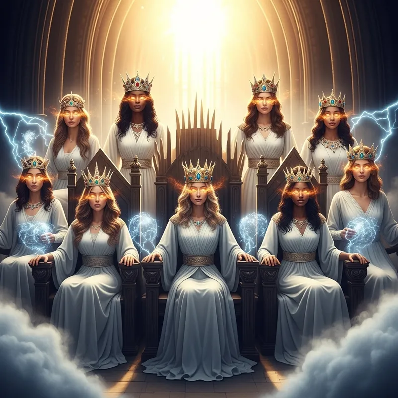 Multicultural Powerful Women in Regal White Gowns on Light-Crowned Thrones