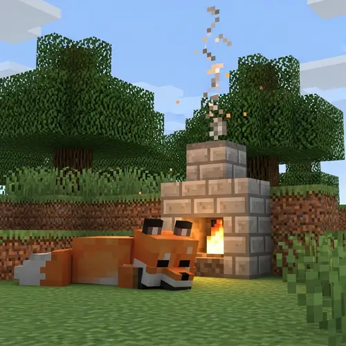 Minecraft Fox Sleeping Near Fireplace - Pixelated Scenery
