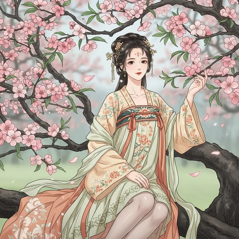 Elegant Hanfu Beauty Sitting under Peach Tree | Anime Style