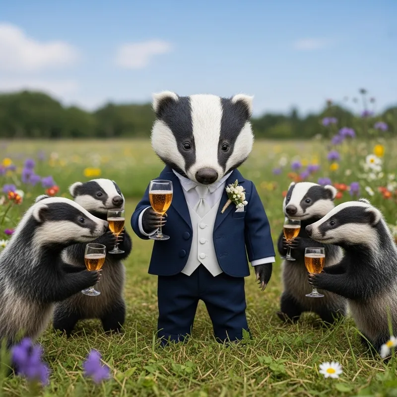 Cute Wedding Badger & Playful Little Ones Toasting Joyfully