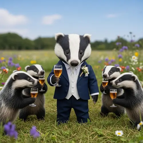 Elegant Wedding Badger & Playful Little Ones Toasting Joyfully
