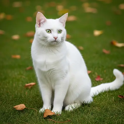 Graceful White Cat with Emerald Eyes on Green Lawn