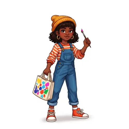 Young Black Girl with Curly Hair Holding Tote Bag and Paintbrush