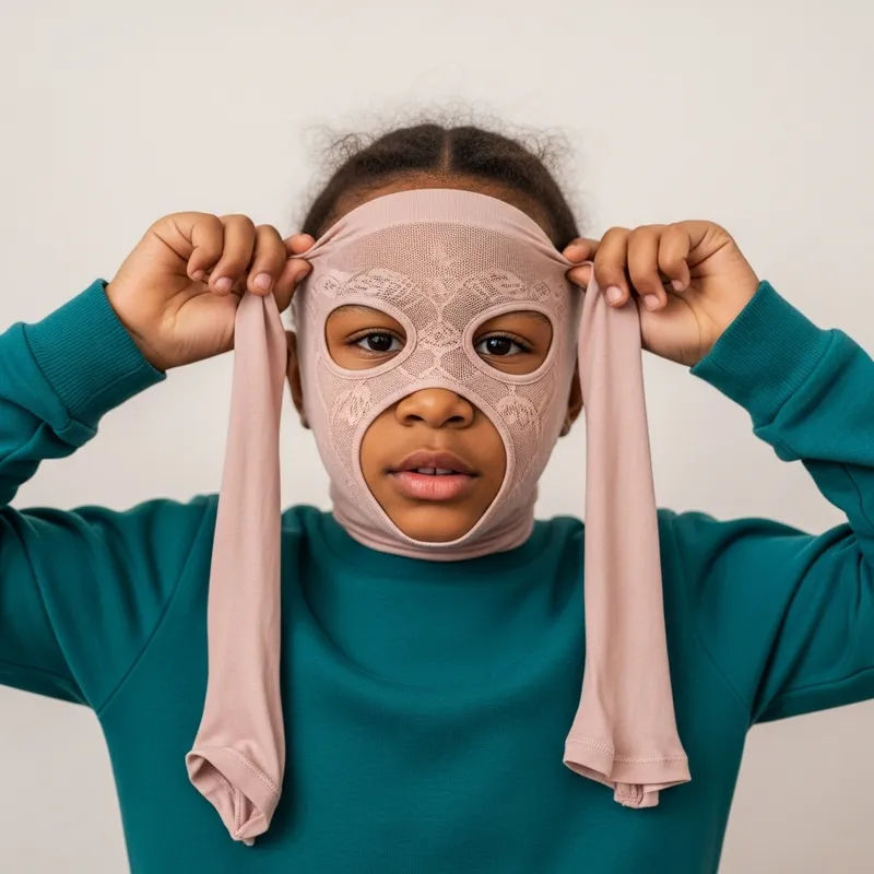 Kid Having Fun in Pantyhose Mask Costume