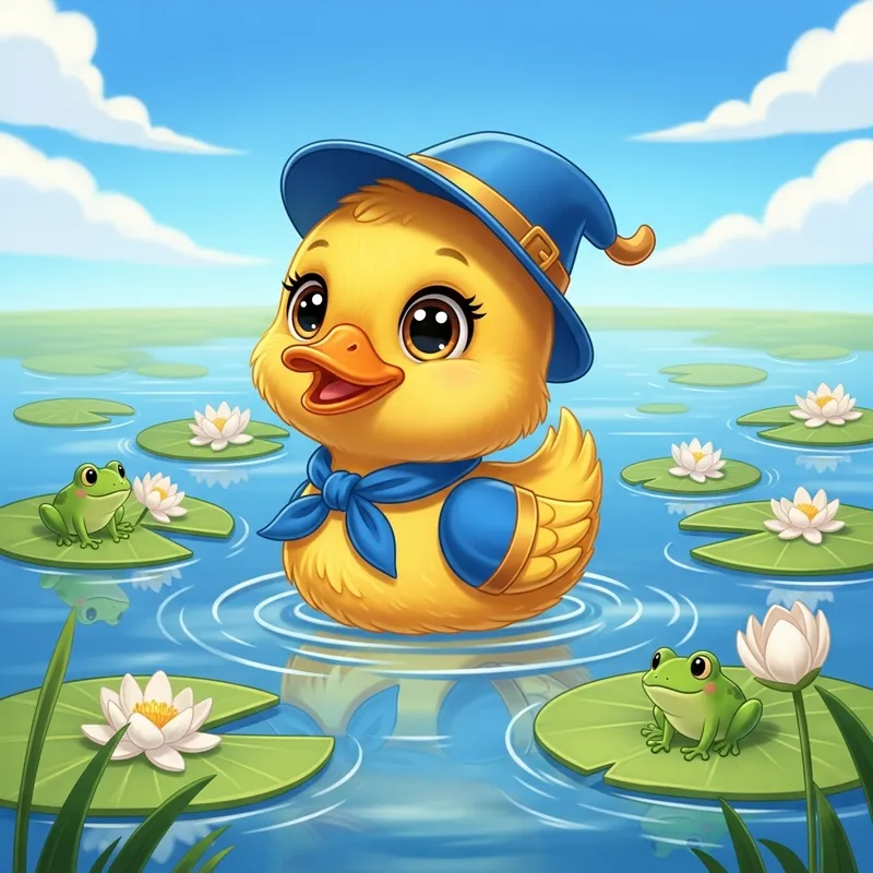 Cute Yellow Duckling in Animated Drawing | Serene Pond Scene