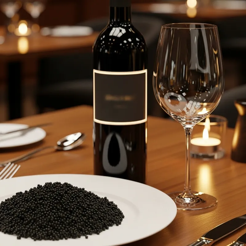 Exquisite Black Caviar Display with White Plate and Red Wine